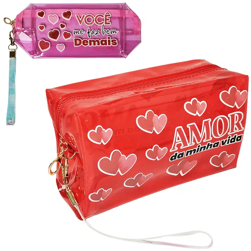 NECESSAIRE DE PVC RETANGULAR FEMININA CORACAO COM ALCA E ZIPER 18X10X7CM