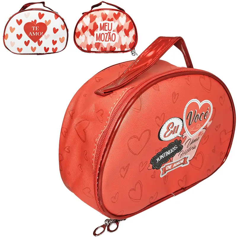 NECESSAIRE DE PVC MEIA LUA FEMININA CORACAO COM ALCA E ZIPER 23X17X8,5CM