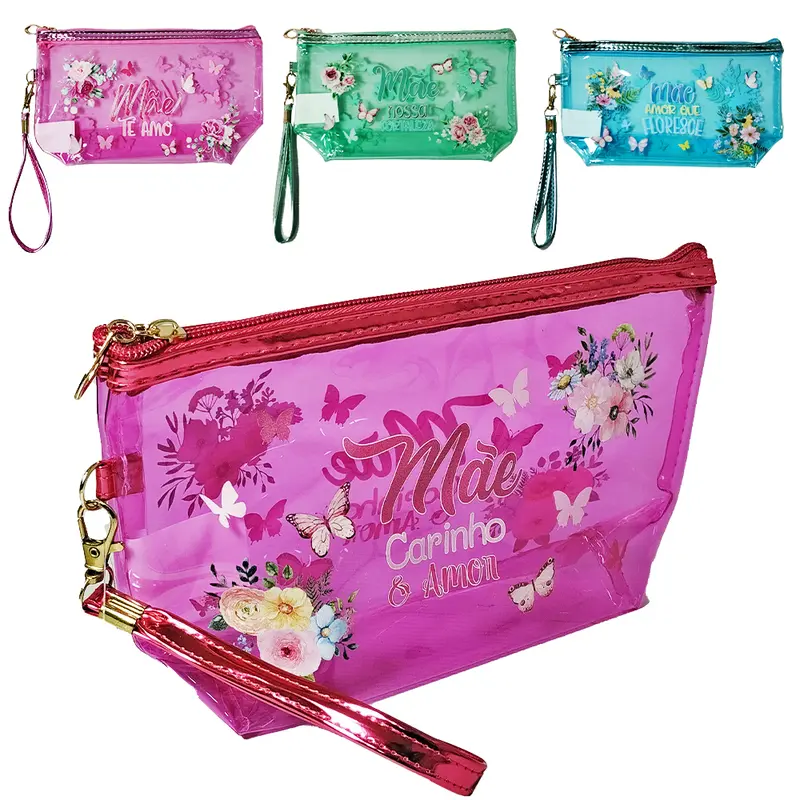 NECESSAIRE DE PVC RETANGULAR FEMININA FRASES MAE COM ALCA E ZIPER 22,5X13X6,5CM
