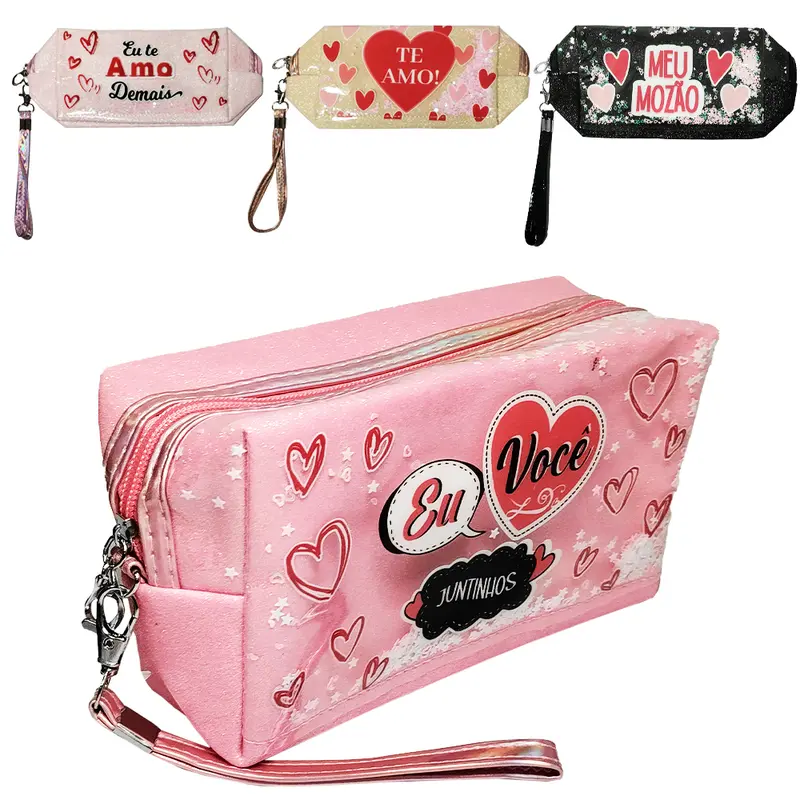 NECESSAIRE DE PVC RETANGULAR FEMININA CORACAO COM GLITTER + ALCA E ZIPER 18X10X7CM