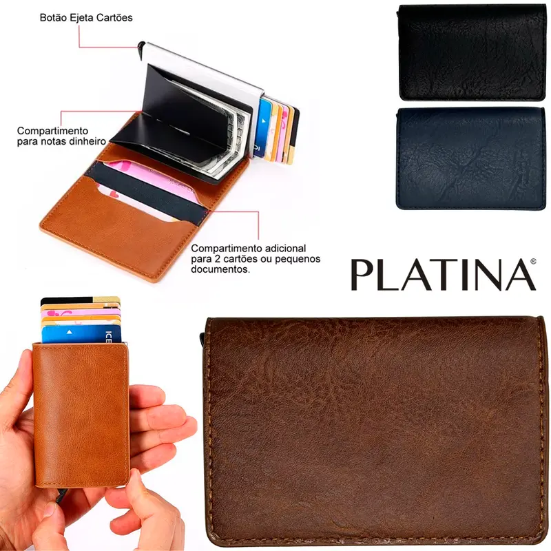 CARTEIRA PORTA CARTAO MAGNETICO ANTIFURTO COM BOTAO PARA EJETAR PLATINA 10X6,5X1,5CM