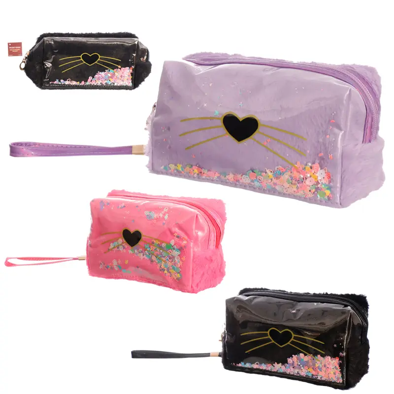 NECESSAIRE DE PELUCIA RETANGULAR FEMININA COM LANTEJOULA MAGICA + ALCA E ZIPER HEART 18X10X7CM