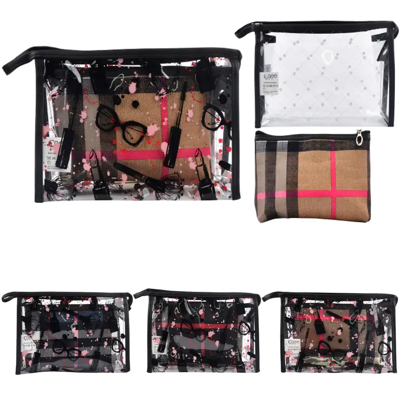 NECESSAIRE RETANGULAR FEMININA XADREZ COM ALCA E ZIPER COLORS COM 2 PECAS