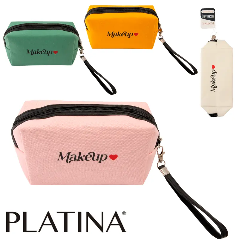 NECESSAIRE DE POLIESTER RETANGULAR FEMININA MAKEUP COM ALCA E ZIPER PLATINA 18X10,5X7,5CM