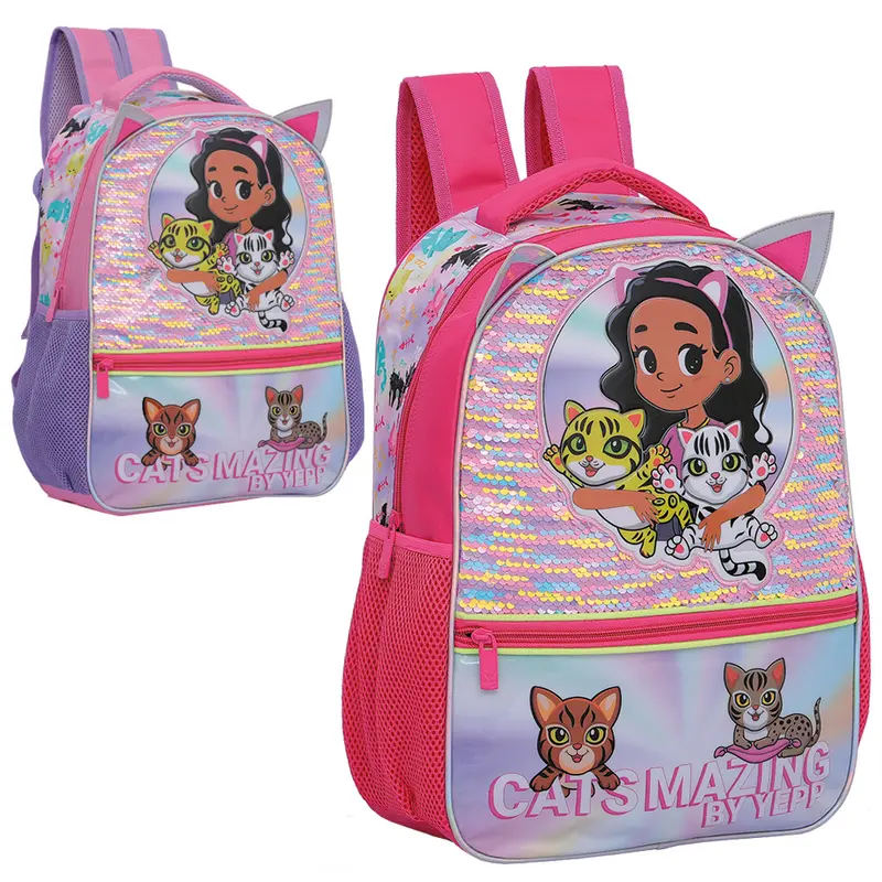 MOCHILA INFANTIL FEMININA CATS MAZING BY YEPP COM LANTEJOULA MAGICA 16''