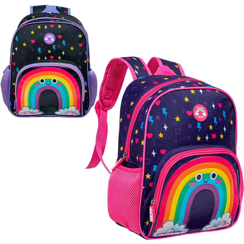 MOCHILA INFANTIL FEMININA ARCO IRIS COM LANTEJOULA MAGICA YEPP 13''
