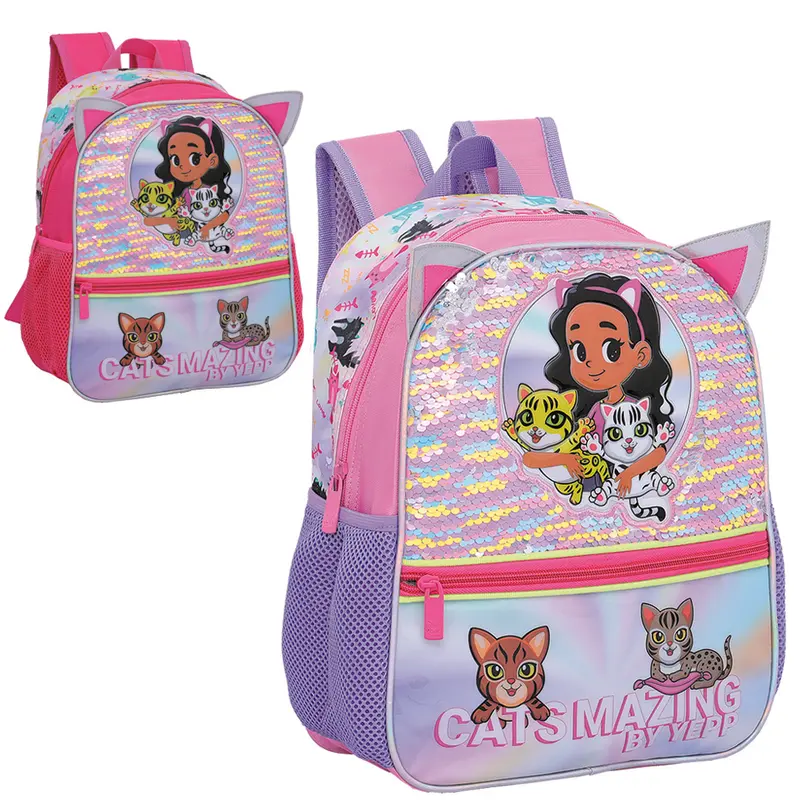 MOCHILA INFANTIL FEMININA CATS MAZING BY YEPP COM LANTEJOULA MAGICA 13''