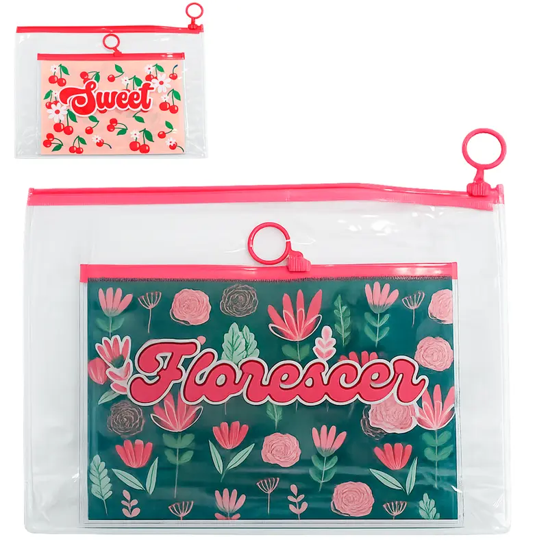 NECESSAIRE DE PVC RETANGULAR FEMININA COM ALCA VERSY 2 PECAS 25,5X19X7,5CM / 19,7X14CM