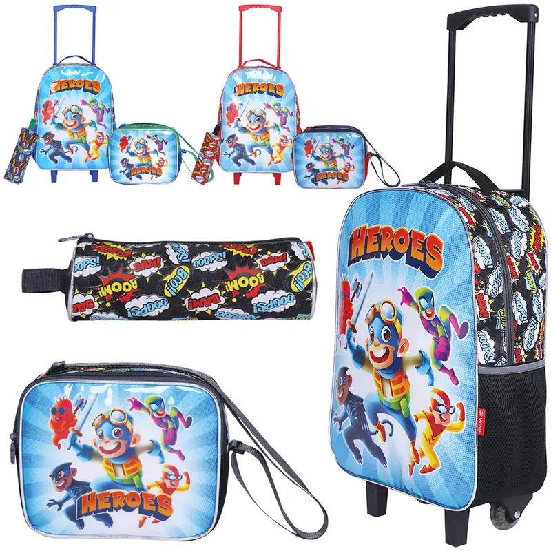 KIT MOCHILA INFANTIL MASCULINA COM CARRINHO 16'' + LANCHEIRA 10'' E ESTOJO STANDARD HEROES