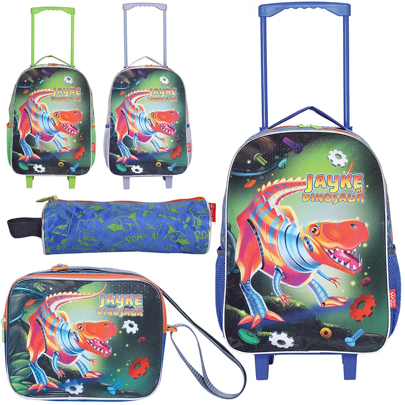 KIT MOCHILA INFANTIL MASCULINA COM CARRINHO 16'' + LANCHEIRA 10'' E ESTOJO JAYKE THE DINOSAUR