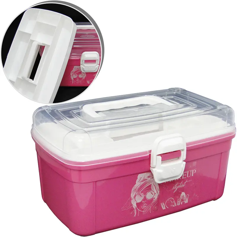 MALETA FRASQUEIRA DE PLASTICO COM BANDEJA PARA MAQUIAGEM MAKEUP STYLIST ROSA 24X16X13CM