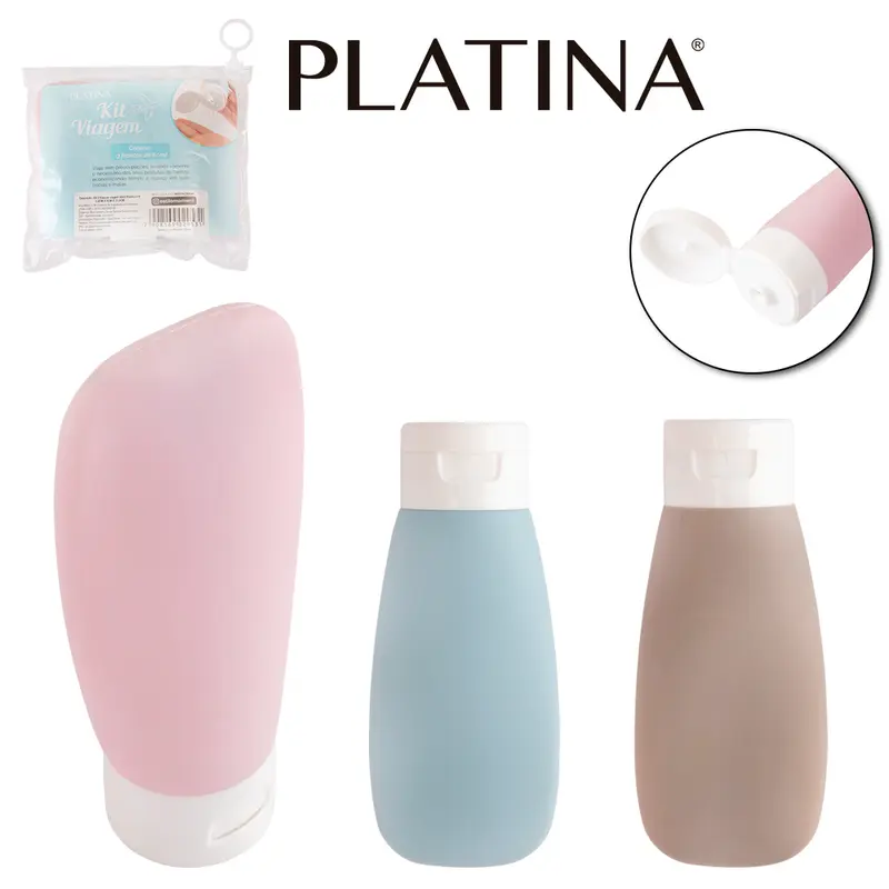 FRASCO FLIP TOP DE PLASTICO PARA VIAGEM COM TAMPA 3 PECAS 60ML NA BOLSA