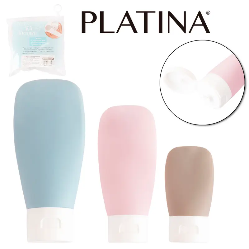 FRASCO FLIP TOP DE PLASTICO PARA VIAGEM COM TAMPA 3 PECAS PMG 30/60/90ML NA BOLSA
