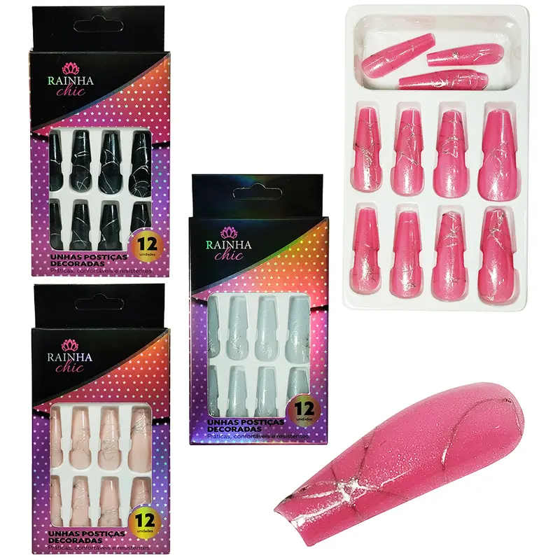 KIT DE UNHAS POSTICAS BAILARINA DECORADAS PARA MAOS RAINHA CHIC COM 12 PECAS