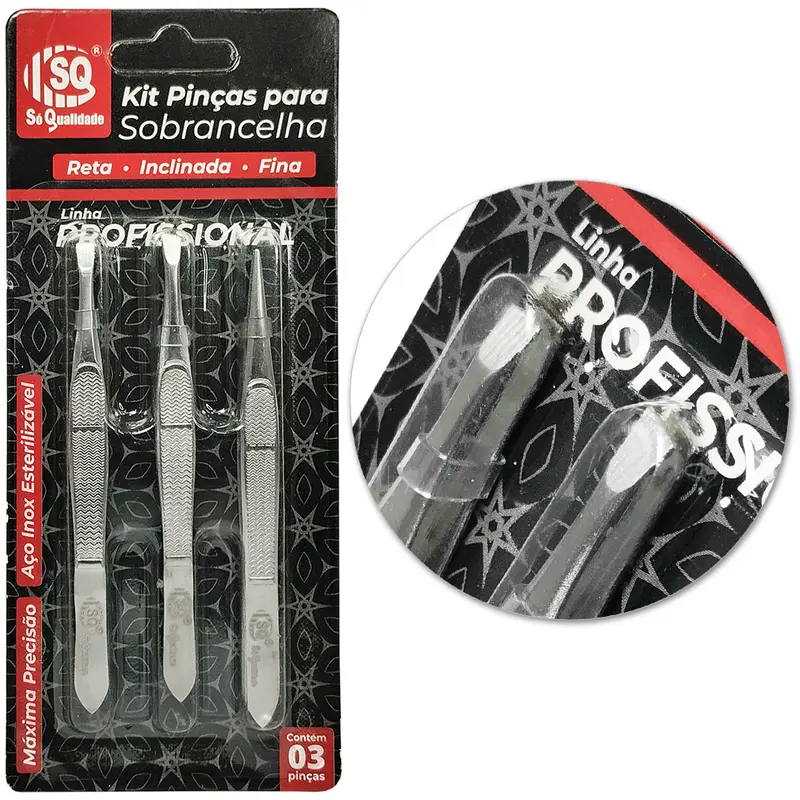 PINCA DE SOBRANCELHA DE INOX RETA / INCLINADA / FINA COM 3 PECAS 9CM