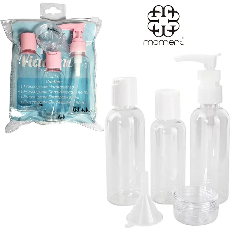 KIT FRASCO DE PLASTICO PARA VIAGEM + MINI POTE PORTA CREME E FUNIL PLATINA 5 PECAS NA BOLSA