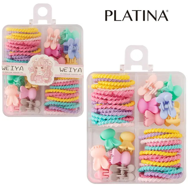 KIT ACESSORIOS PARA CABELO ELASTICO / RABICO + MINI PIRANHA PLATINA COM 42 PECAS NO ESTOJO