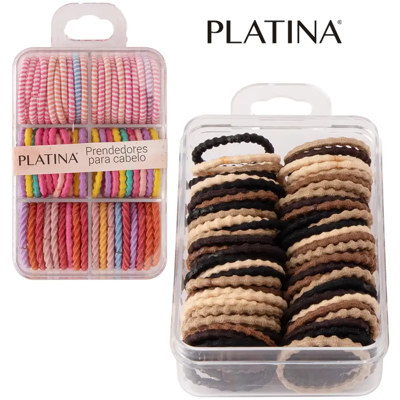 KIT ACESSORIOS PARA CABELO ELASTICO / RABICO PLATINA COM 60 PECAS NO ESTOJO
