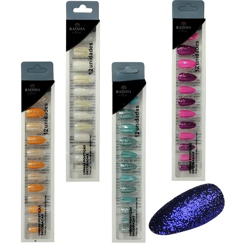 KIT DE UNHAS POSTICAS ALMOND CROMADAS/GLITTER PARA MAOS RAINHA CHIC COM 12 PECAS