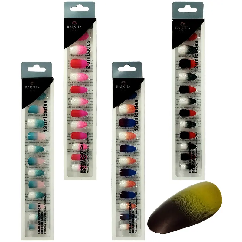 KIT DE UNHAS POSTICAS ALMOND DECORADAS/GLITTER PARA MAOS RAINHA CHIC COM 12 PECAS
