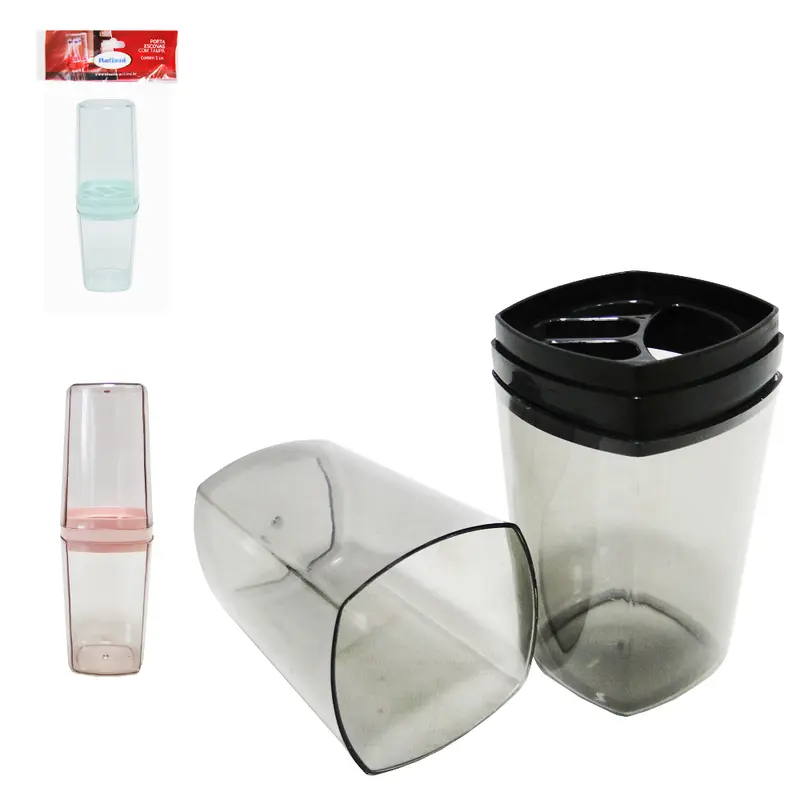 PORTA ESCOVA DENTAL DE PIA DE PLASTICO COLORS COM TAMPA 22CM