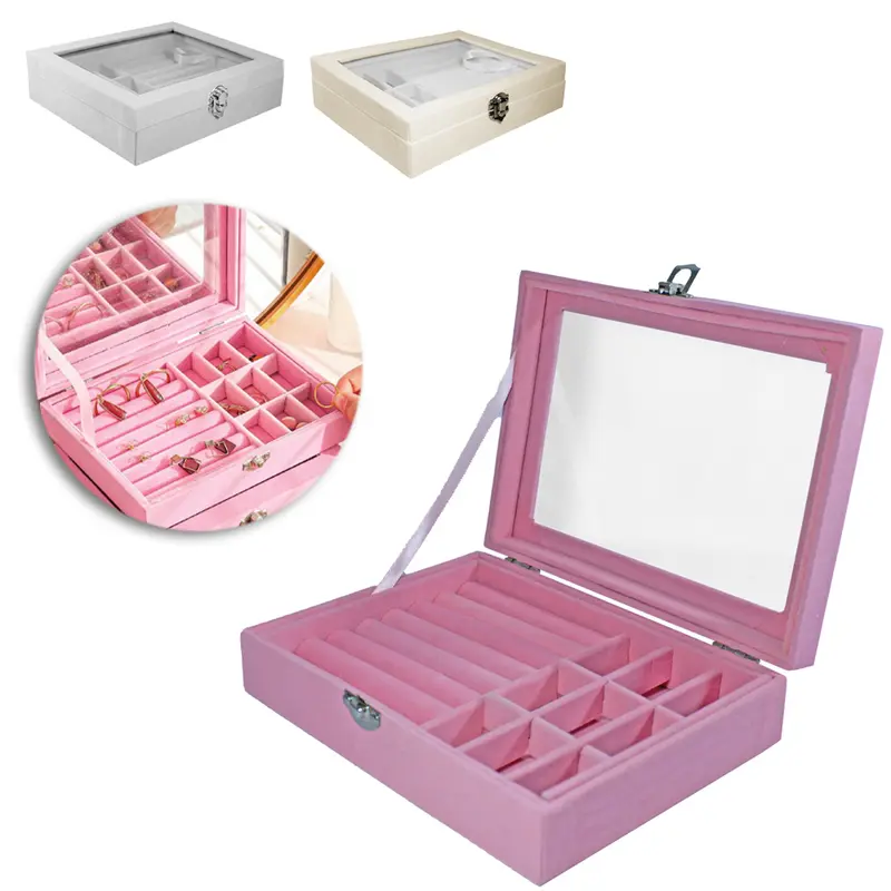 MALETA PORTA JOIAS DE POLIESTER RETANGULAR COM 9 DIVISORIAS + TAMPA VIDRO E TRAVA 20X15X4,5CM