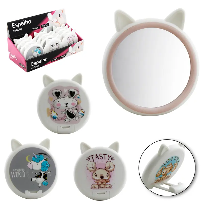 ESPELHO DE BOLSA REDONDO GATINHA COM APOIO 8X7CM DE Ø
