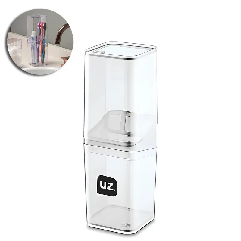 PORTA ESCOVA DENTAL DE PIA DE ACRILICO QUADRADO COM TAMPA SLIM TRANSLUCIDO TRANSPARENTE