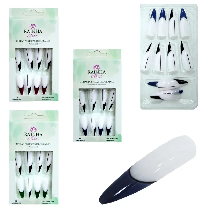 KIT DE UNHAS POSTICAS STILETTO DECORADAS PROFISSIONAL PARA MAOS RAINHA CHIC COM 12 PECAS