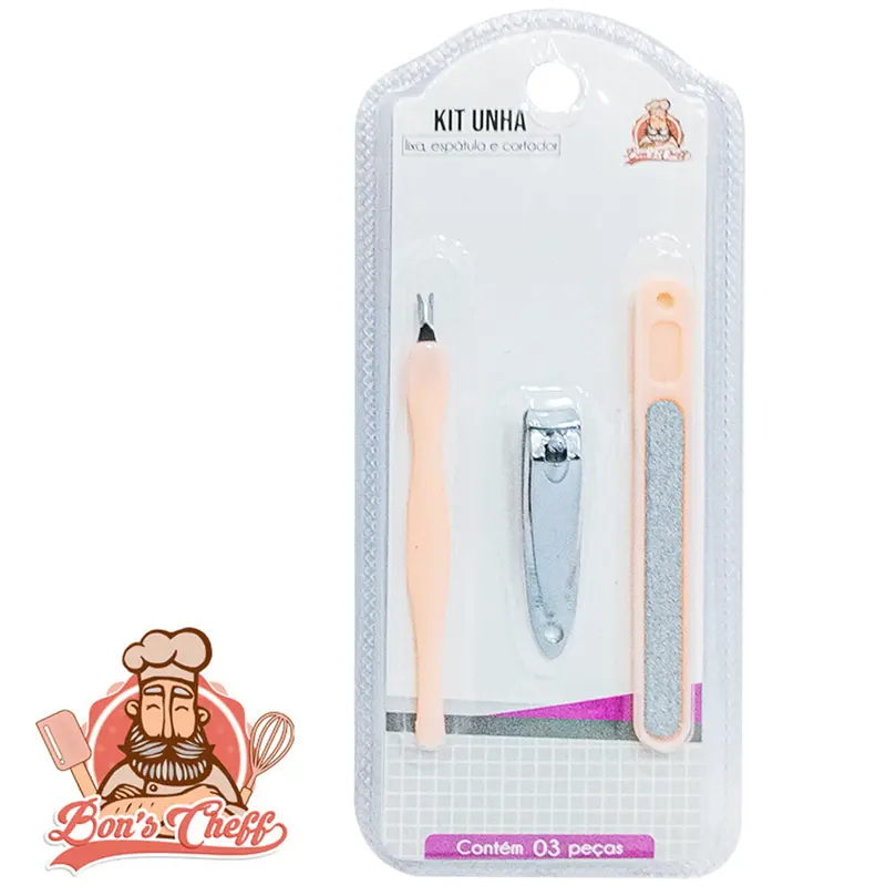 KIT MANICURE COM CORTADOR DE UNHA + LIXA E ESPATULA DE CUTICULA 3 PECAS