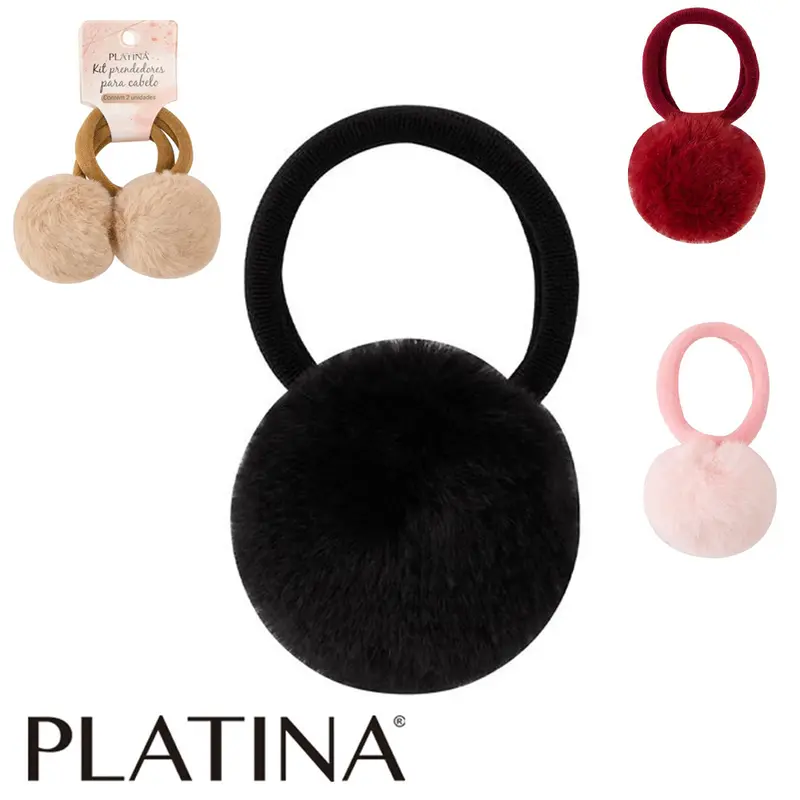 KIT ACESSORIOS PARA CABELO ELASTICO / RABICO COM POM POM DACRON PLATINA 2 PECAS 4CM DE Ø