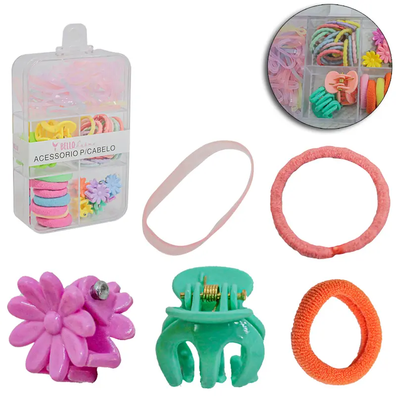 KIT ACESSORIOS PARA CABELO ELASTICO / RABICO + MINI PIRANHA BELLO CHARME COM 90 PECAS NO ESTOJO