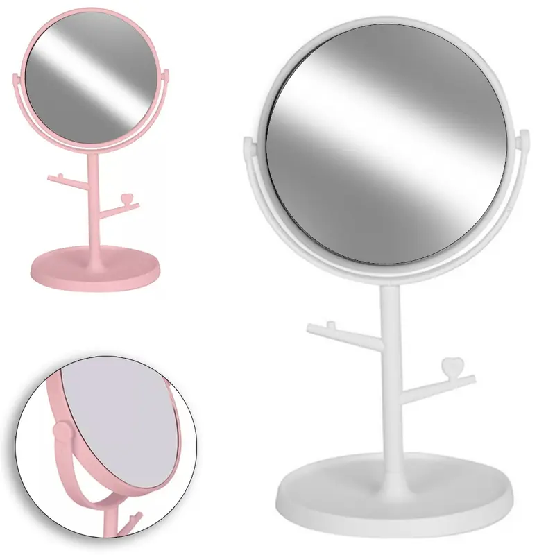 ESPELHO DE MESA REDONDO COM BASE PORTA JOIAS + 2 GANCHOS DE PLASTICO 21X12,5CM