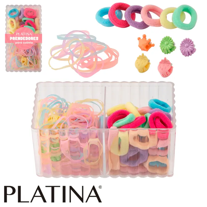 KIT ACESSORIOS PARA CABELO ELASTICO / RABICO PLATINA COM 70 PECAS NO ESTOJO
