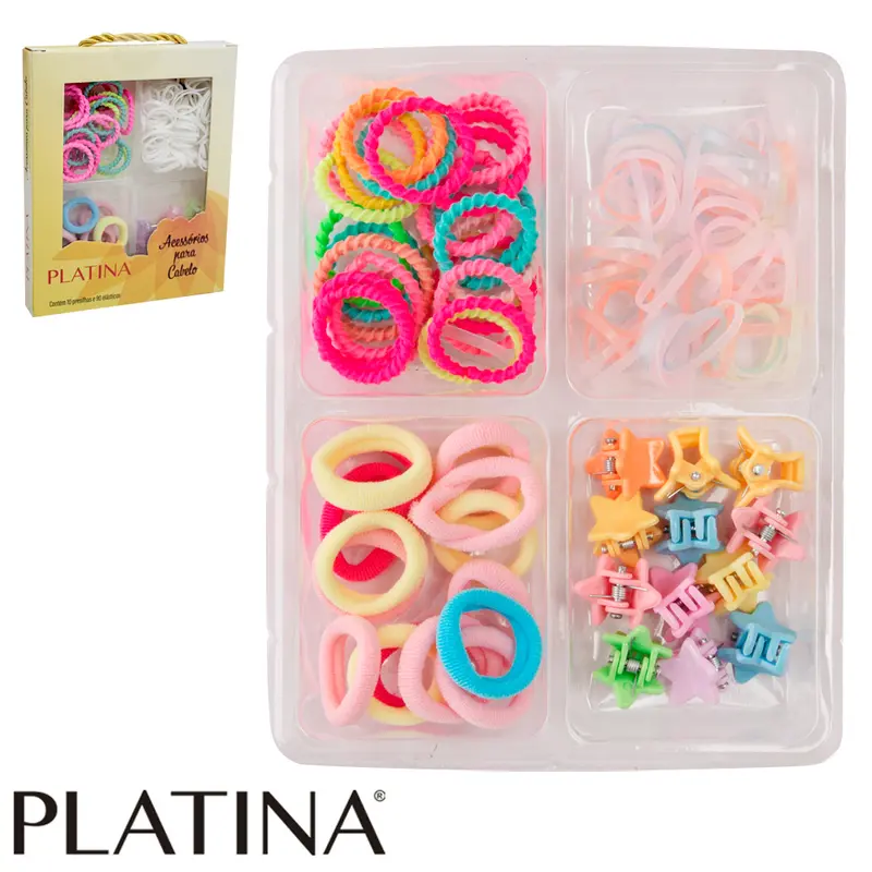 KIT ACESSORIOS PARA CABELO ELASTICO / RABICO + MINI PIRANHA PLATINA 100 PECAS