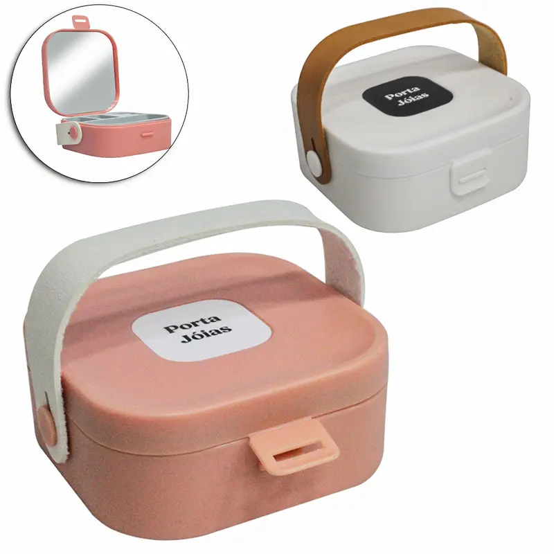ESTOJO PORTA JOIAS DE PLASTICO / SILICONE QUADRADO COM ESPELHO + 3 DIVISORIAS E ALCA 9X4CM
