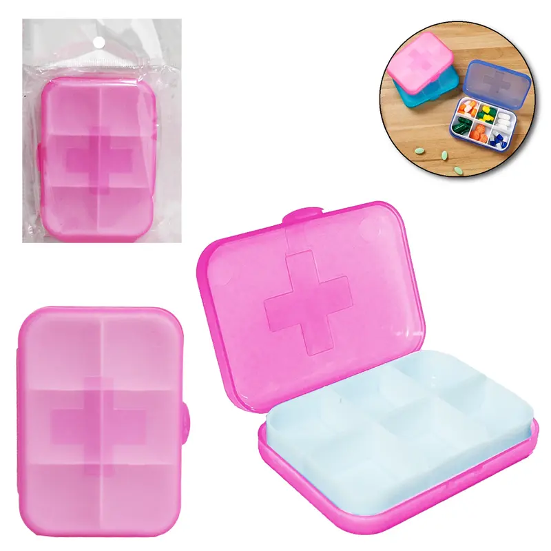PORTA COMPRIMIDO DE PLASTICO RETANGULAR COM 6 COMPARTIMENTOS 8,5X6X2CM