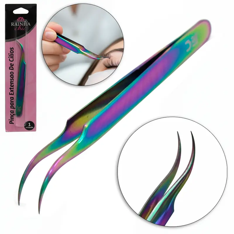 PINCA CURVA PARA ALONGAMENTO CILIOS DE INOX RAINHA CHIC CINTILANTE 11CM