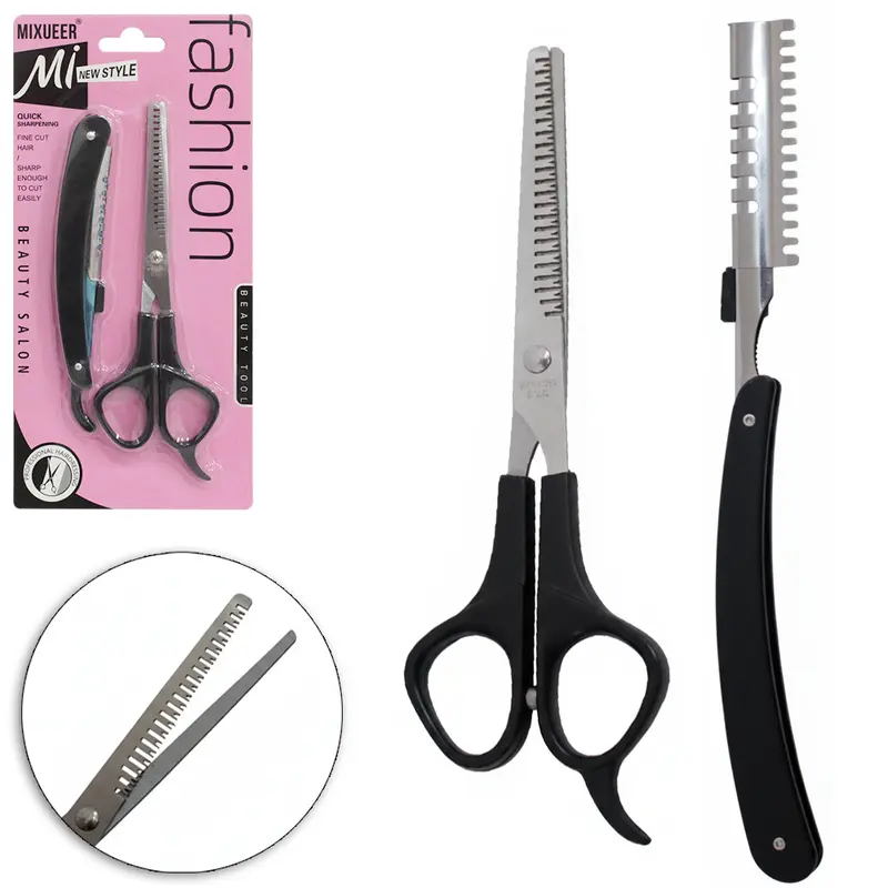 TESOURA DENTADA DE BARBEIRO / CABELEIREIRO DE INOX 6,5'' 17CM + NAVALHETE DOBRAVEL