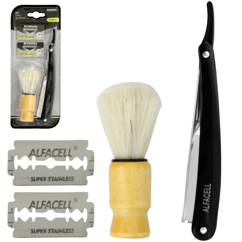 PINCEL CABO MADEIRA + NAVALHETE PARA BARBEAR COM SUPORTE + LAMINA