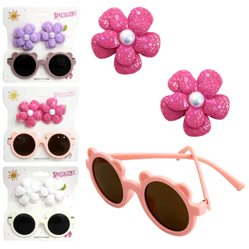 KIT BELEZA INFANTIL COM OCULOS PANDA + 2 ACESSORIOS PARA CABELO PRESILHA FLOR SUMMER