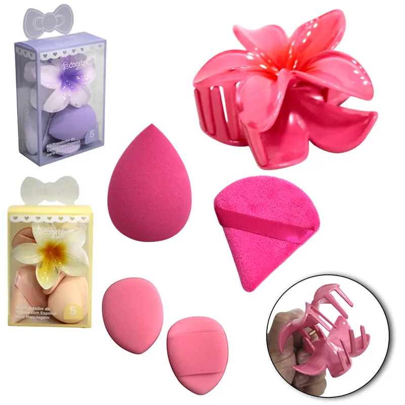ACESSORIO PARA CABELO PRESILHA FLOR + 4 ESPONJAS PARA MAQUIAGEM GOTA / TRIANGULAR BEAUTY