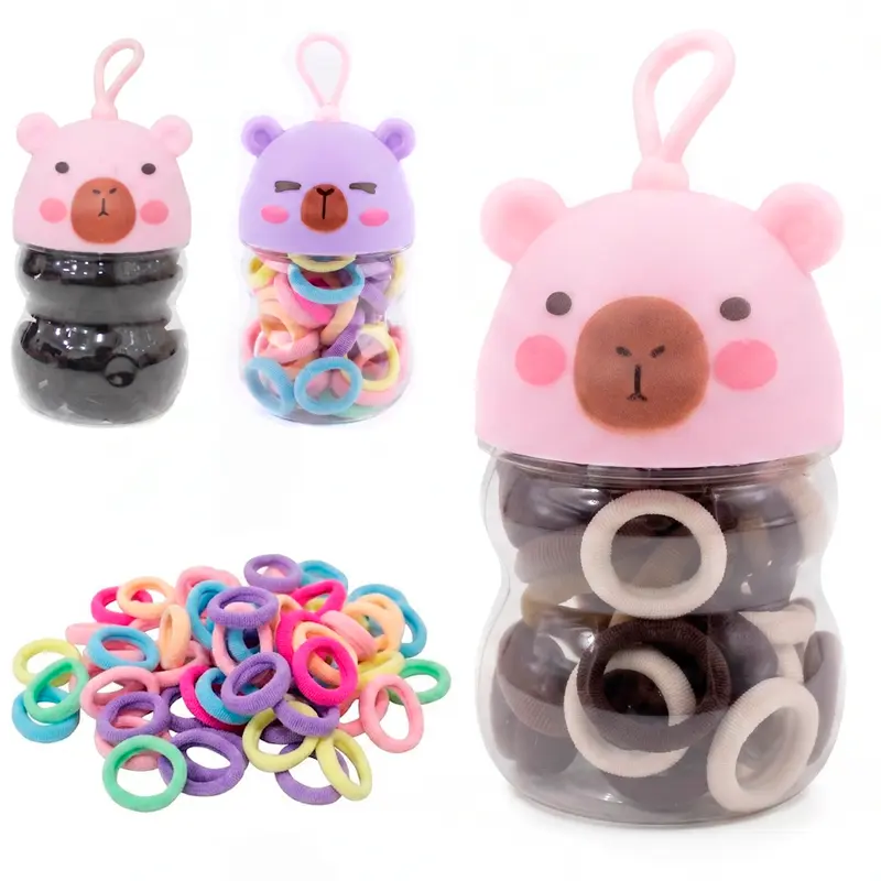 KIT ACESSORIOS PARA CABELO ELASTICO / RABICO COM 50 PECAS 2CM DE Ø NO POTE CAPIVARA
