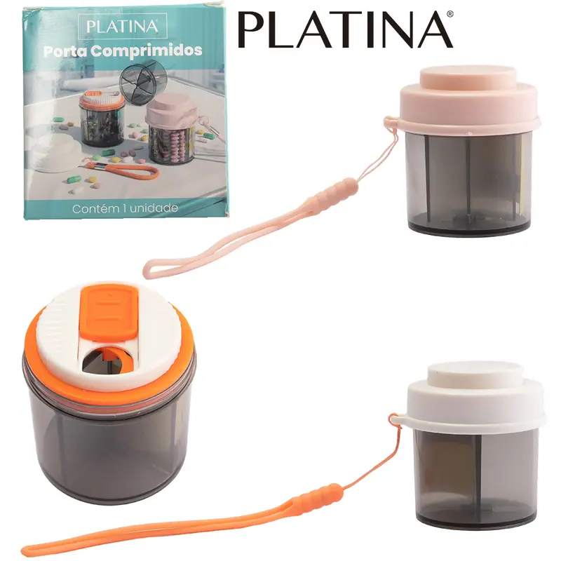 PORTA COMPRIMIDO DE PLASTICO REDONDO COM 4 COMPARTIMENTOS + ALCA DE SILICONE PLATINA 6,6X6CM DE Ø