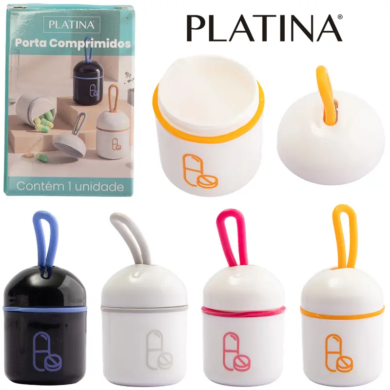 PORTA COMPRIMIDO DE PLASTICO REDONDO COM 2 COMPARTIMENTOS + ALCA DE SILICONE PLATINA 5X3,5CM DE Ø