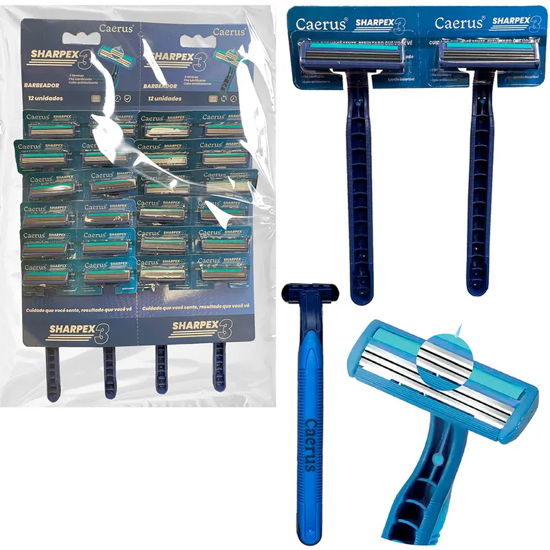 APARELHO DE BARBEAR / BARBEADOR DESCARTAVEL COM 3 LAMINAS DE INOX + FITA LUBRIFICANTE SHARPEX AZUL 24 PECAS