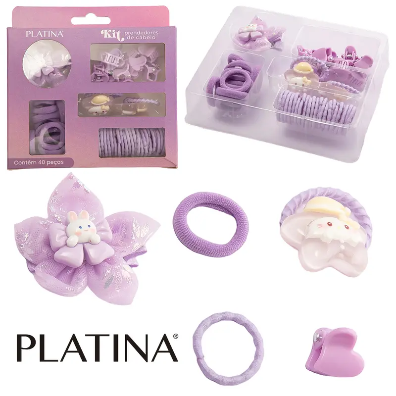 KIT ACESSORIOS PARA CABELO ELASTICO / RABICO + PRESILHA E MINI PIRANHA PLATINA 40 PECAS