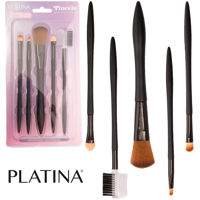 PINCEL PARA MAKE / MAQUIAGEM E ACESSORIOS PLATINA COM 5 PECAS