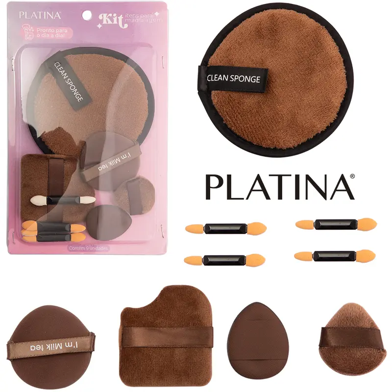 PINCEL DUPLO COM ESPONJA PARA MAKE / MAQUIAGEM PLATINA 9 PECAS