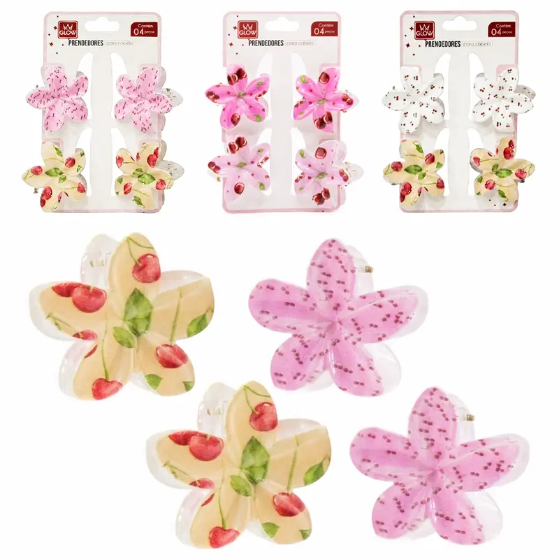 KIT ACESSORIOS PARA CABELO PIRANHA FLOR COM 4 PECAS 4X2,5CM
